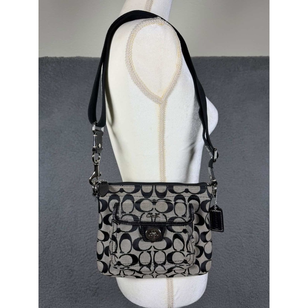Coach Signature C File Bag Crossbody Black Gray Jacquard‎ Canvas Turnlock Pocket
